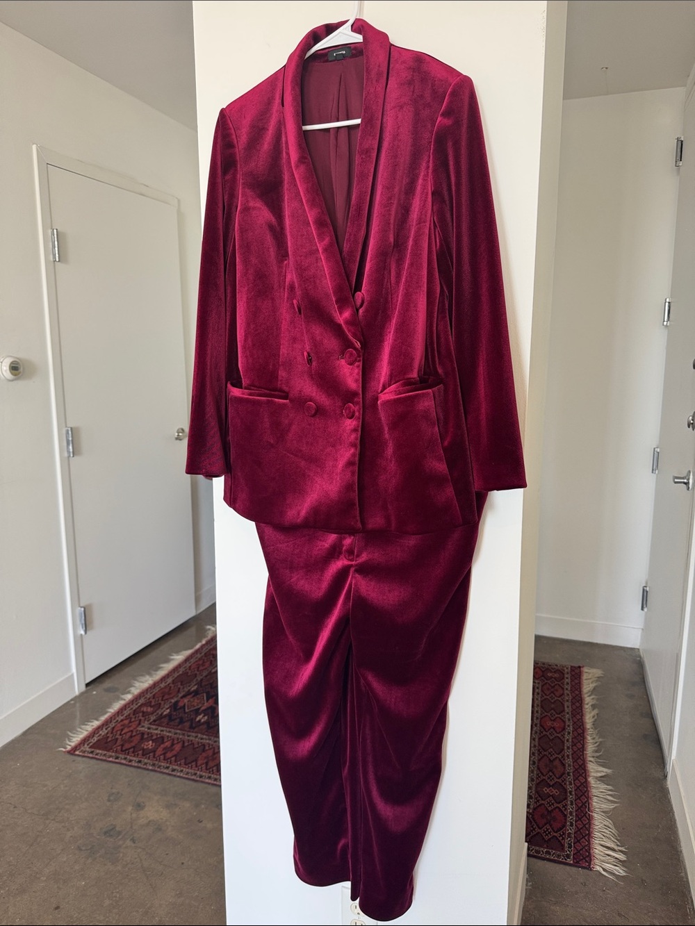 Express Velvet Double-Breasted Blazer and Pant Set - Wine Size Large/14
